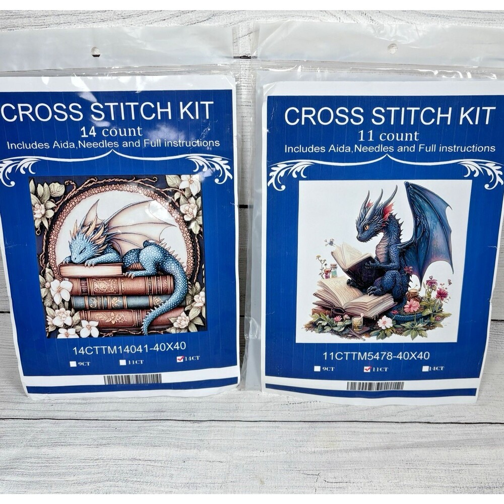 Dragons Books Reading Cross Stitch Kits Lot 2 Pre Printed Aida Floss Needle NEW